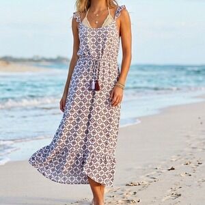 Becca Marrakesh Swim Cover Up Midi Dress S Resort Beach Block Print Purple Pool